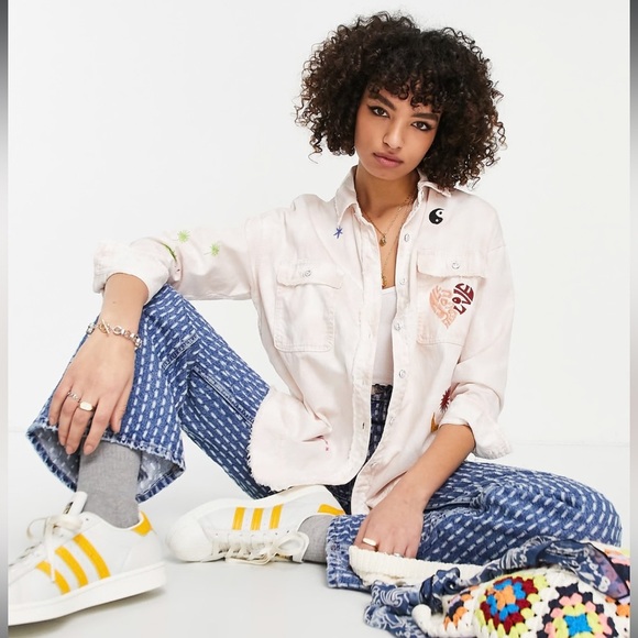 Free People Reef Break embroidered denim shirt jacket in pink - Picture 2 of 11